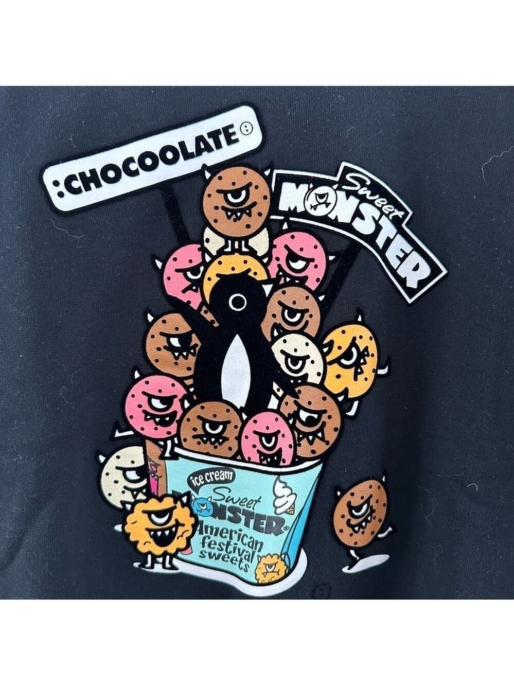 CHOCOOLATE SWEET MONSTER  BLACK FLOCKED SWEATSHIRT YOUTH SIZE MEDIUM